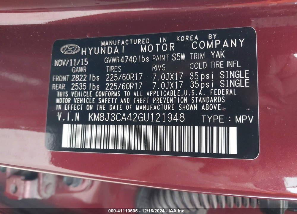 2016 HYUNDAI TUCSON SE VIN: KM8J3CA42GU121948