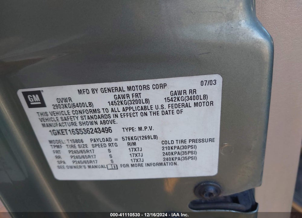 2003 GMC ENVOY XL SLT VIN: 1GKET16S536243496