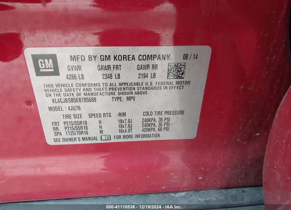2014 BUICK ENCORE CONVENIENCE VIN: KL4CJBSB5EB785688