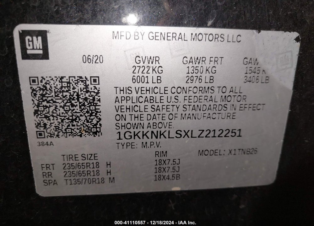 2020 GMC ACADIA FWD SLE VIN: 1GKKNKLSXLZ212251