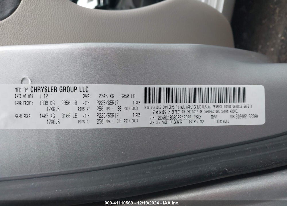 2012 CHRYSLER TOWN & COUNTRY TOURING VIN: 2C4RC1BG8CR246500
