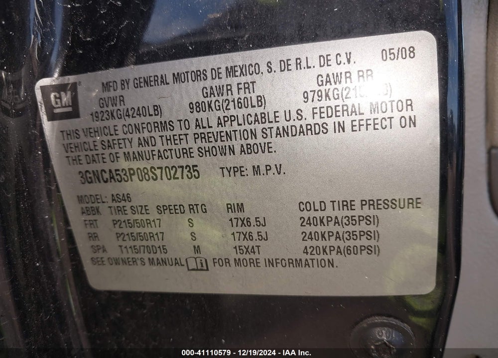 2008 CHEVROLET HHR VIN: 3GNCA53P08S702735