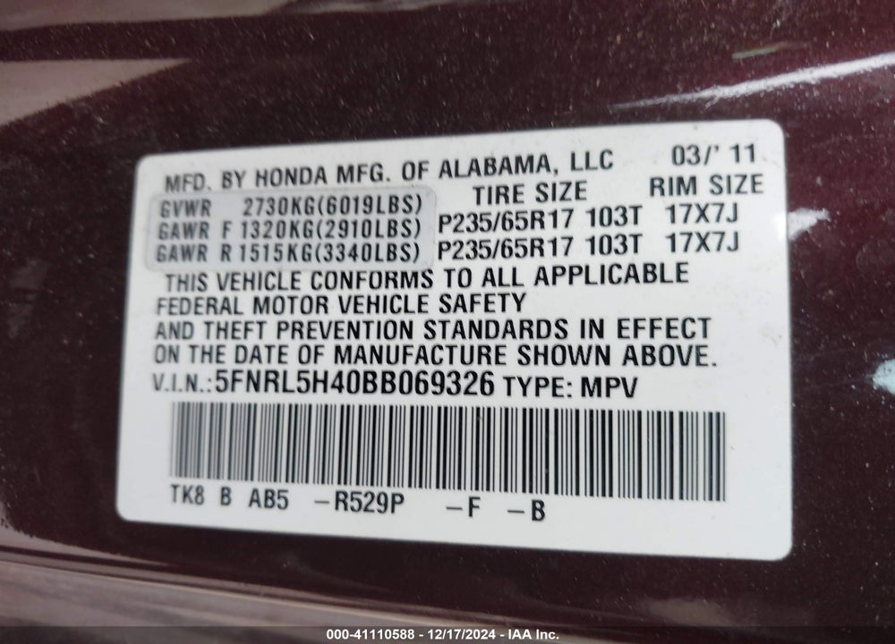 2011 HONDA ODYSSEY EX VIN: 5FNRL5H40BB069326