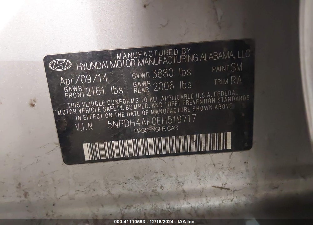 2014 HYUNDAI ELANTRA VIN: 5NPDH4AE0EH519717