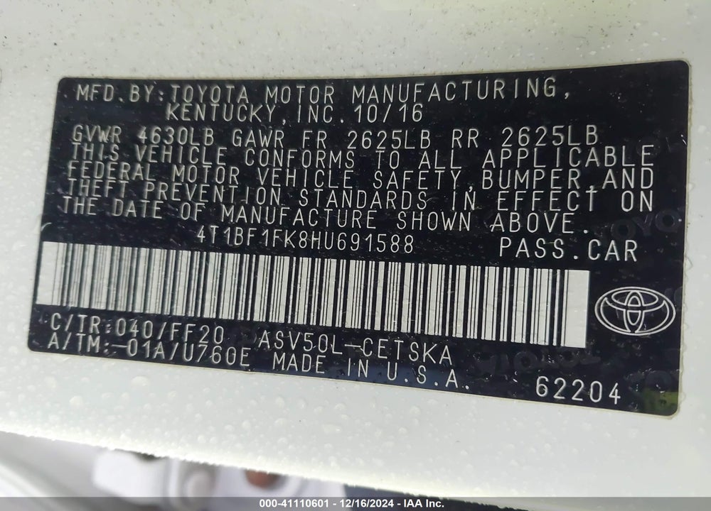2017 TOYOTA CAMRY SE VIN: 4T1BF1FK8HU691588