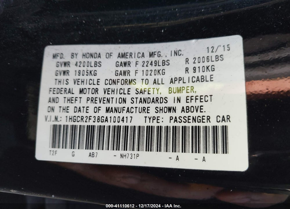 2016 HONDA ACCORD LX VIN: 1HGCR2F38GA100417