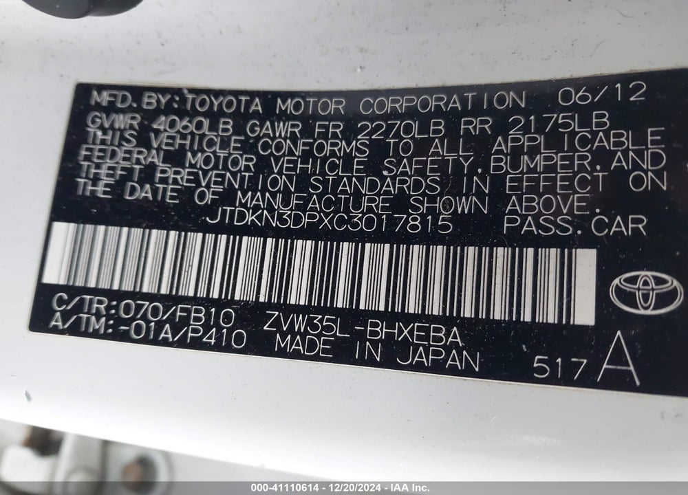 2012 TOYOTA PRIUS PLUG-IN VIN: JTDKN3DPXC3017815