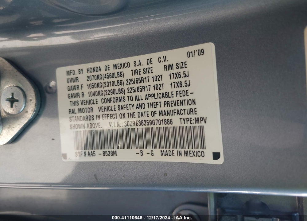 2009 HONDA CR-V LX VIN: 3CZRE38359G701886