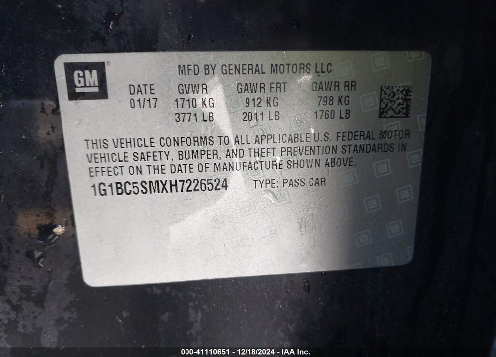 2017 CHEVROLET CRUZE LS AUTO VIN: 1G1BC5SMXH7226524