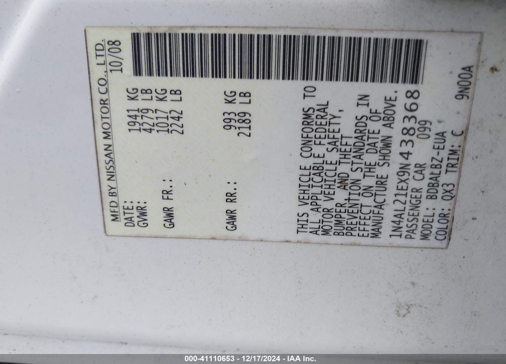 2009 NISSAN ALTIMA VIN: 1N4AL21EX9N438368