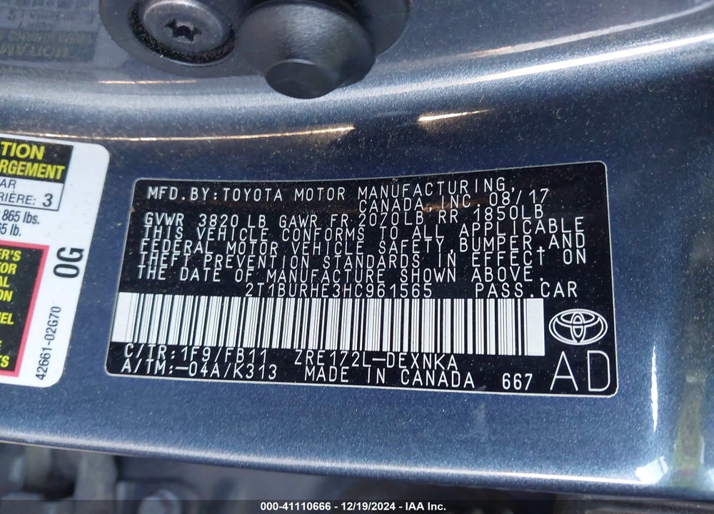 2017 TOYOTA COROLLA L/LE/XLE/SE/XSE VIN: 2T1BURHE3HC961565