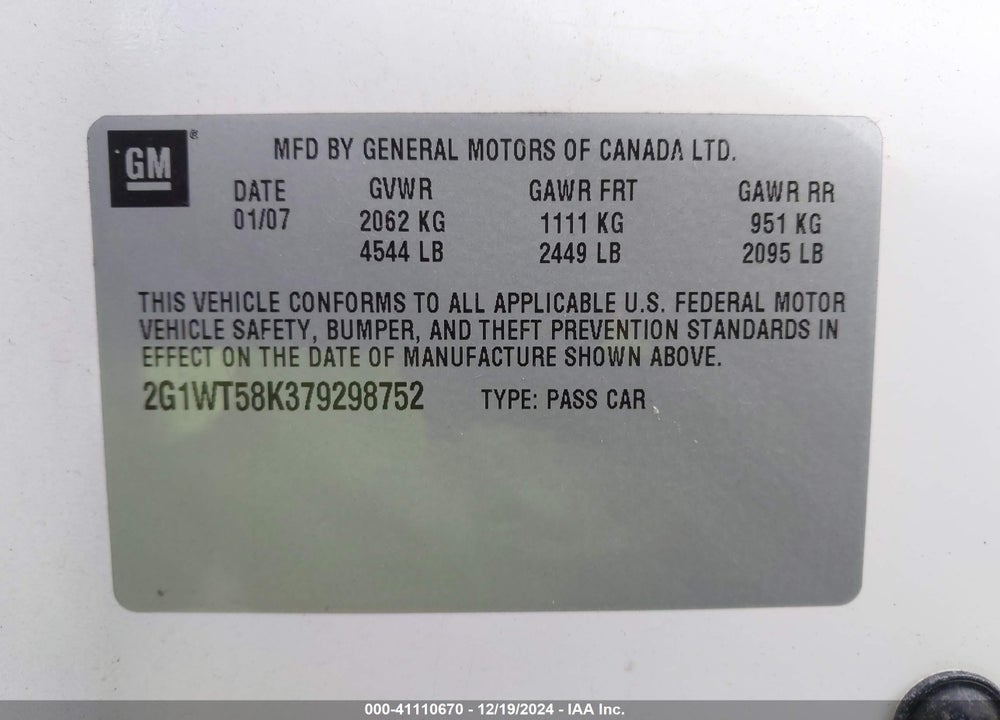 2007 CHEVROLET IMPALA LT VIN: 2G1WT58K379298752