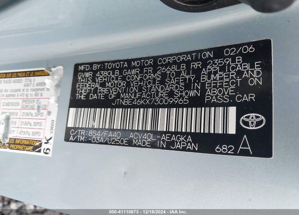 2007 TOYOTA CAMRY XLE VIN: JTNBE46KX73009965