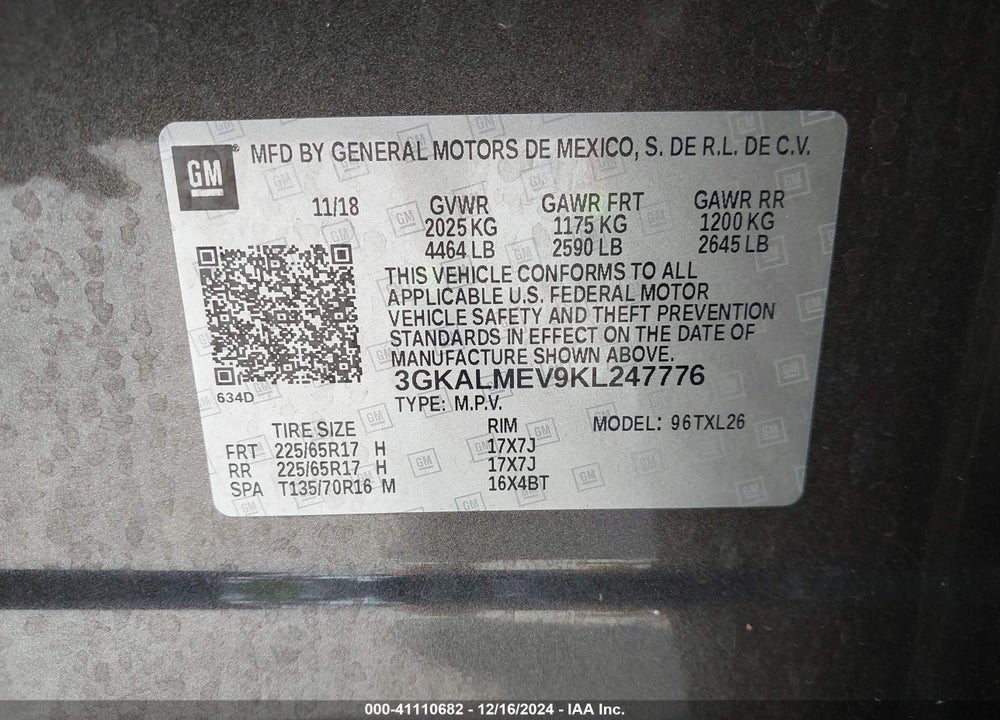 2019 GMC TERRAIN SLE VIN: 3GKALMEV9KL247776