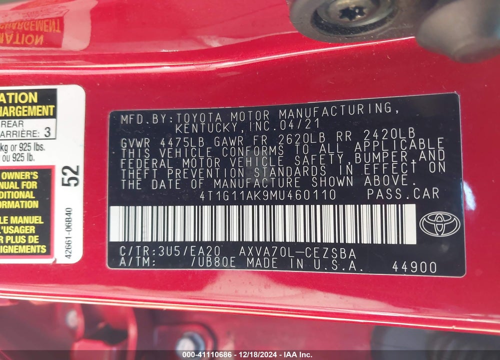 2021 TOYOTA CAMRY VIN: 4T1G11AK9MU460110