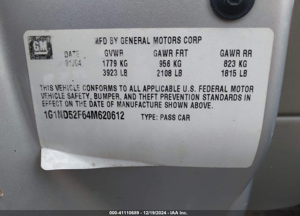 2004 CHEVROLET CLASSIC VIN: 1G1ND52F64M620612