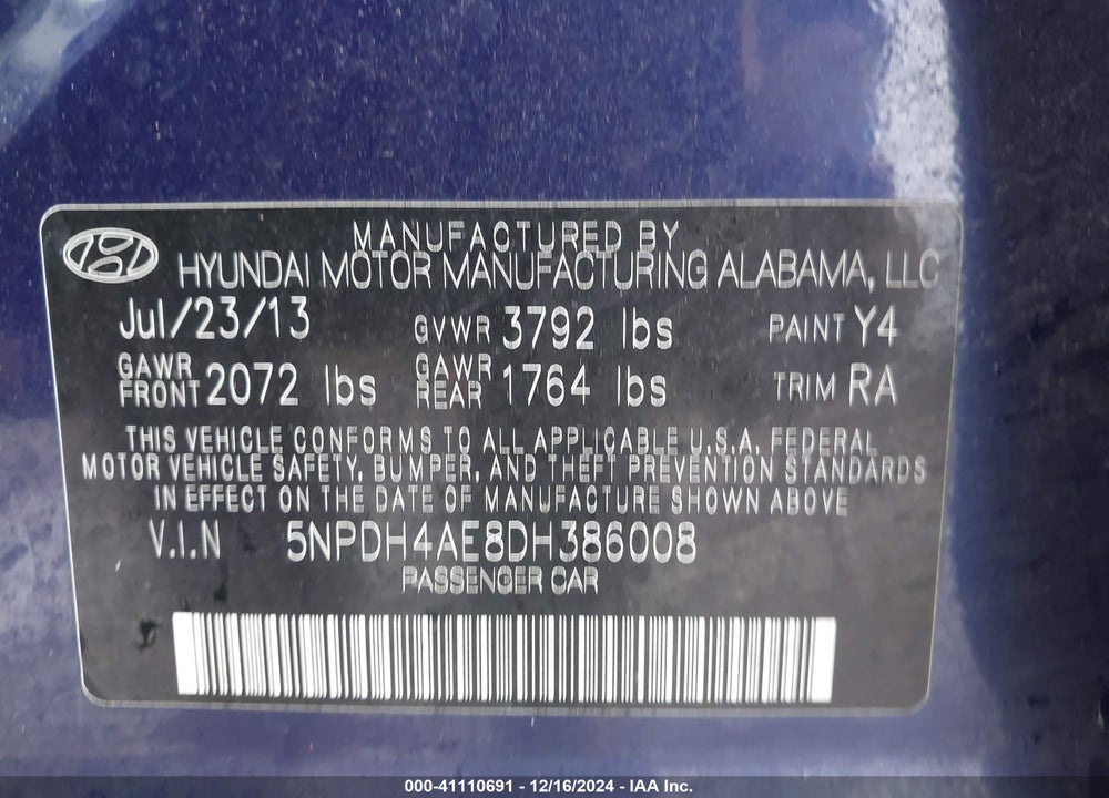 2013 HYUNDAI ELANTRA GLS VIN: 5NPDH4AE8DH386008