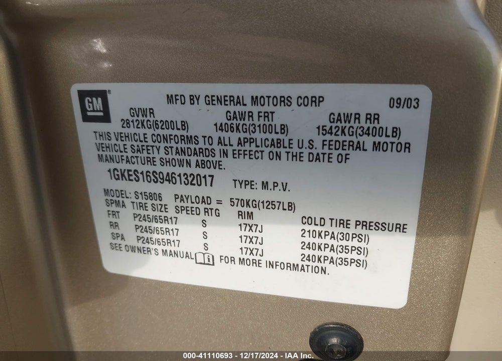 2004 GMC ENVOY XL SLE VIN: 1GKES16S946132017