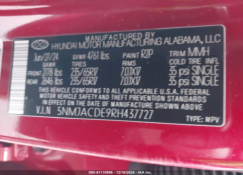 2024 HYUNDAI TUCSON SE VIN: 5NMJACDE9RH437727