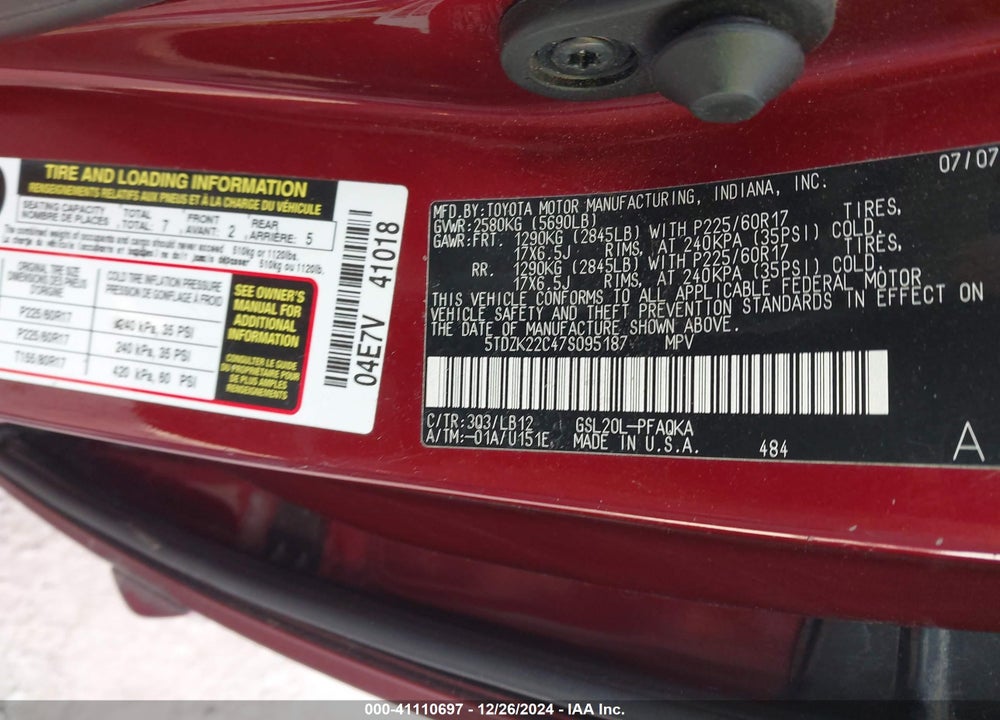 2007 TOYOTA SIENNA XLE VIN: 5TDZK22C47S095187
