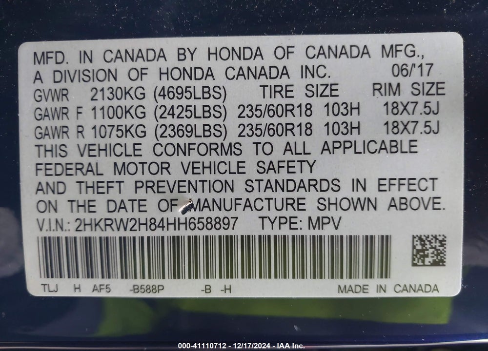 2017 HONDA CR-V EX-L/EX-L NAVI VIN: 2HKRW2H84HH658897