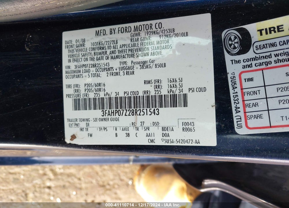 2008 FORD FUSION VIN: 3FAHP07Z28R251543