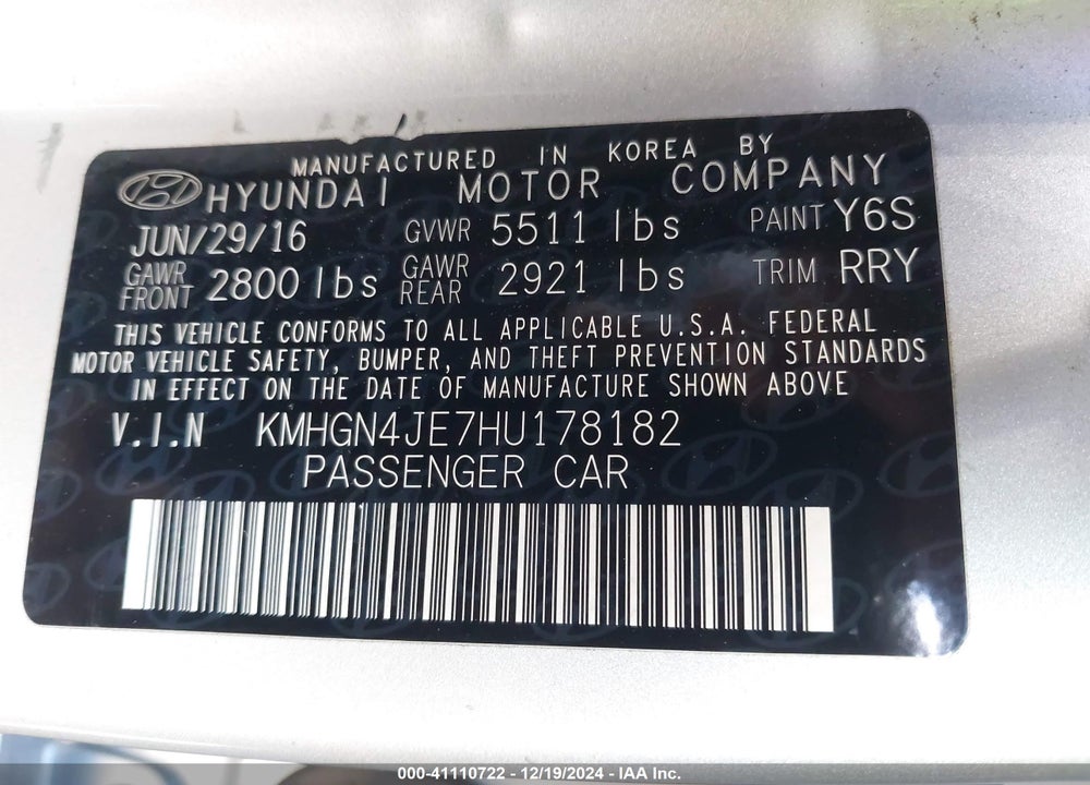2017 GENESIS G80 VIN: KMHGN4JE7HU178182