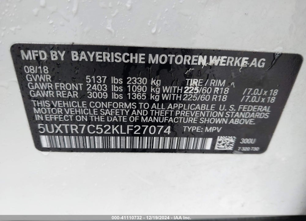 2019 BMW X3 SDRIVE30I VIN: 5UXTR7C52KLF27074