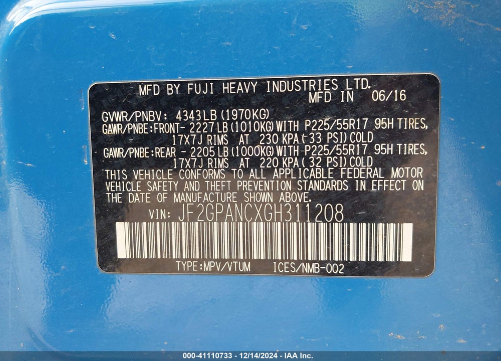 2016 SUBARU CROSSTREK 2.0I LIMITED VIN: JF2GPANCXGH311208