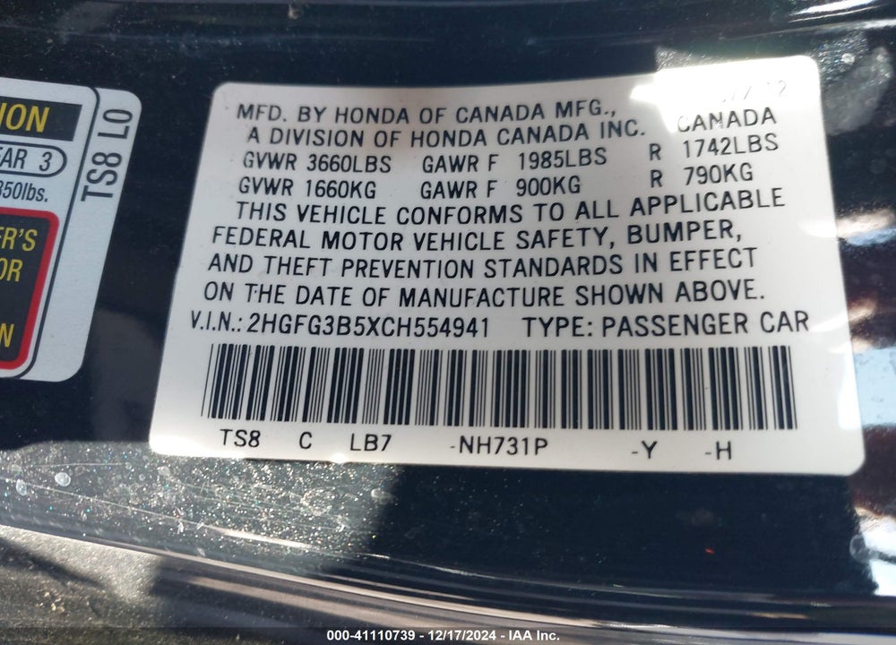 2012 HONDA CIVIC VIN: 2HGFG3B5XCH554941