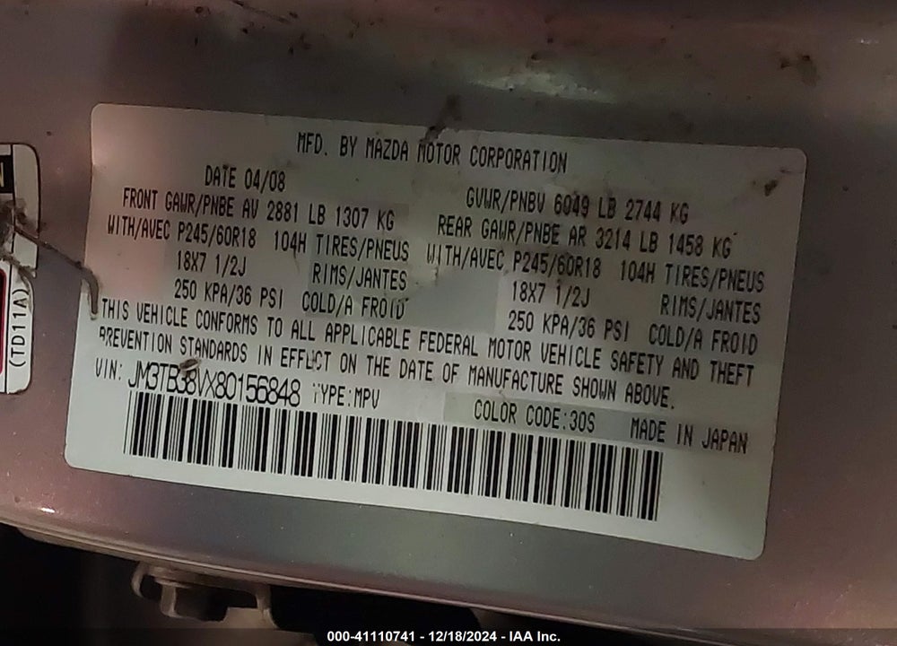 2008 MAZDA CX-9 TOURING VIN: JM3TB38VX80156848