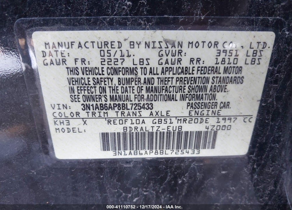 2011 NISSAN SENTRA 2.0SR VIN: 3N1AB6AP8BL725433