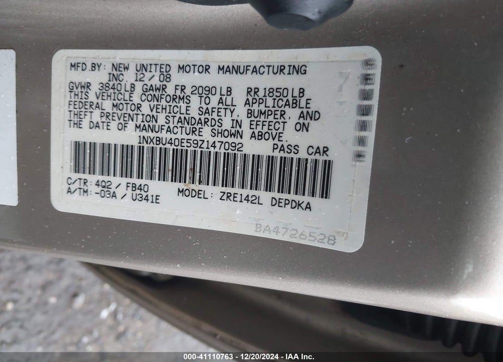 2009 TOYOTA COROLLA LE VIN: 1NXBU40E59Z147092