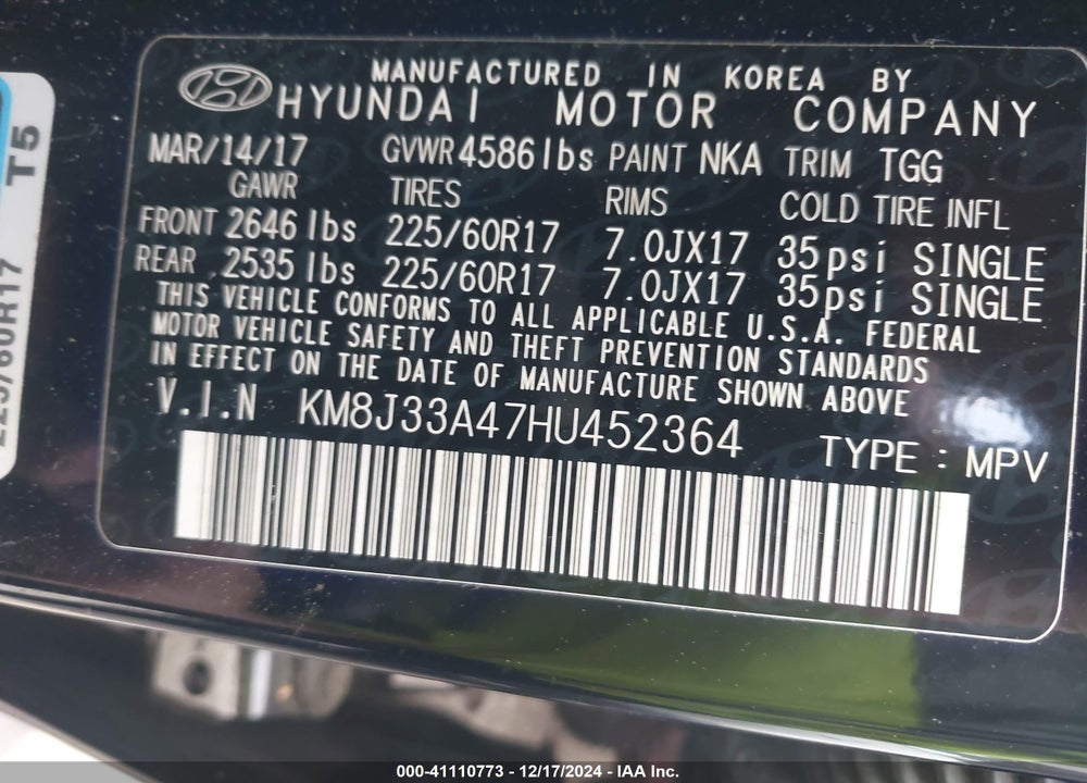 2017 HYUNDAI TUCSON SE VIN: KM8J33A47HU452364