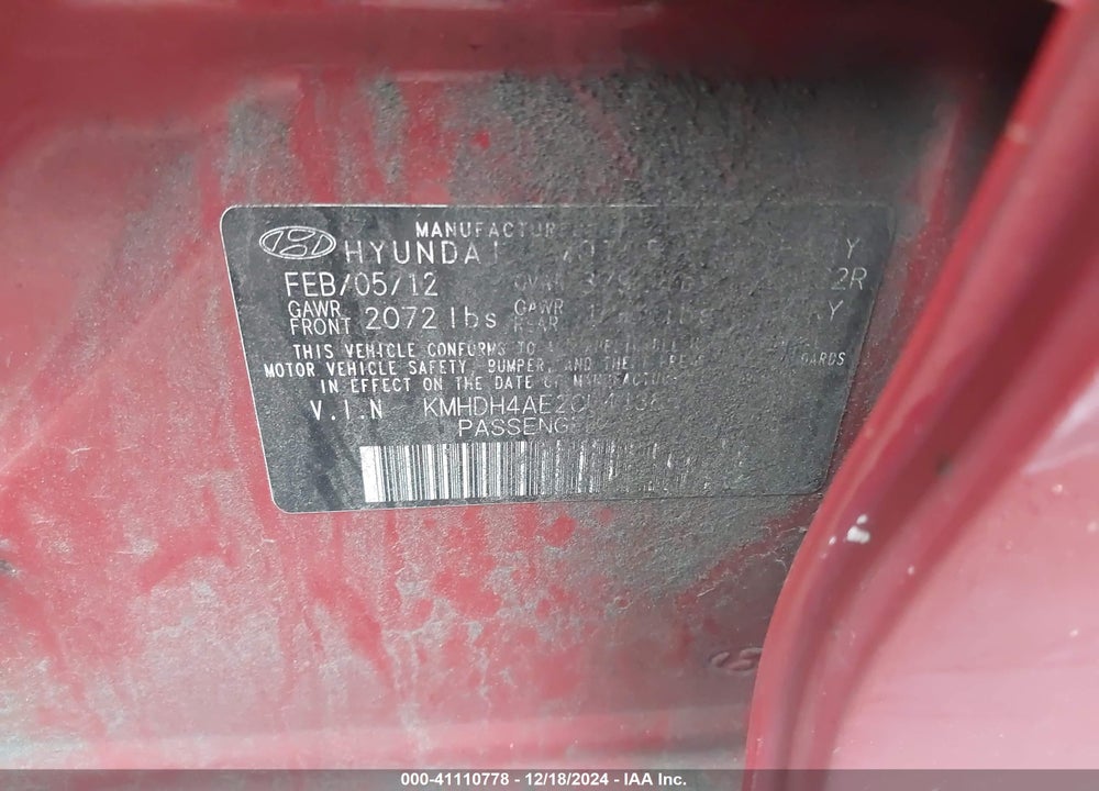 2012 HYUNDAI ELANTRA LIMITED PZEV VIN: KMHDH4AE2CU443853