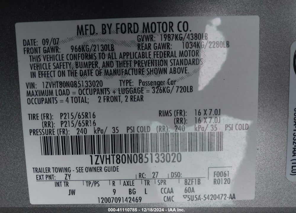 2008 FORD MUSTANG VIN: 1ZVHT80N085133020