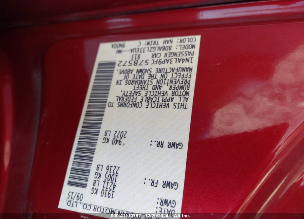 2015 NISSAN ALTIMA 2.5 S VIN: 1N4AL3AP9FC578572