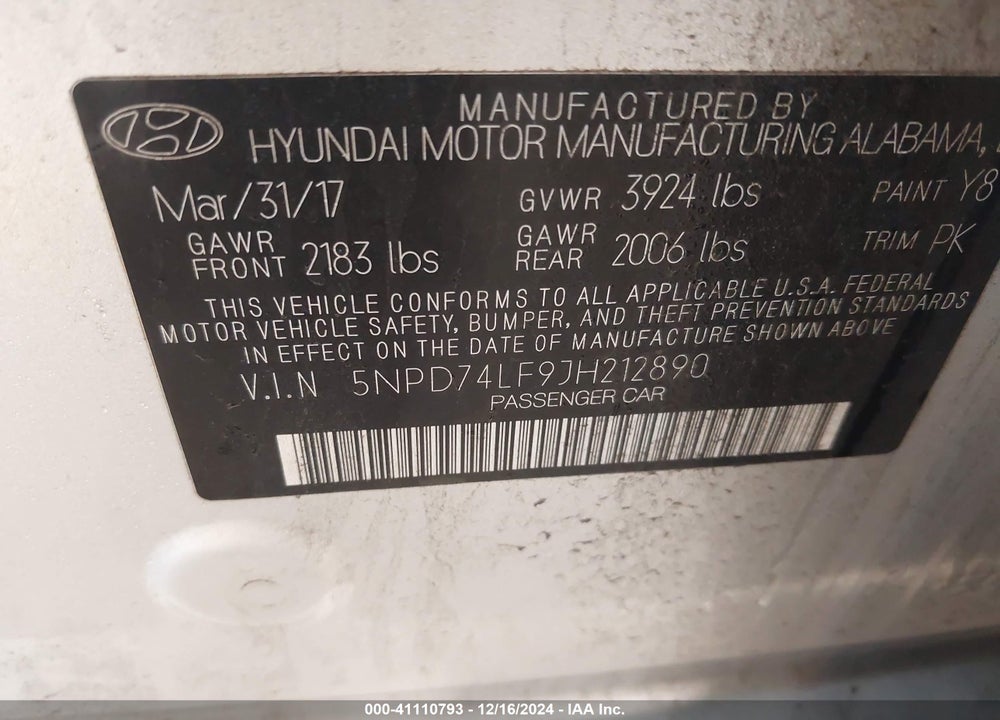 2018 HYUNDAI ELANTRA SE VIN: 5NPD74LF9JH212890