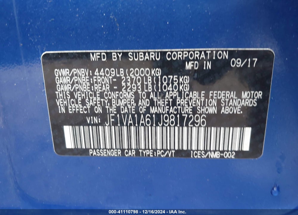 2018 SUBARU WRX VIN: JF1VA1A61J9817296