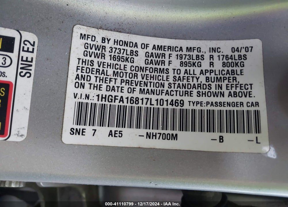 2007 HONDA CIVIC EX VIN: 1HGFA16817L101469