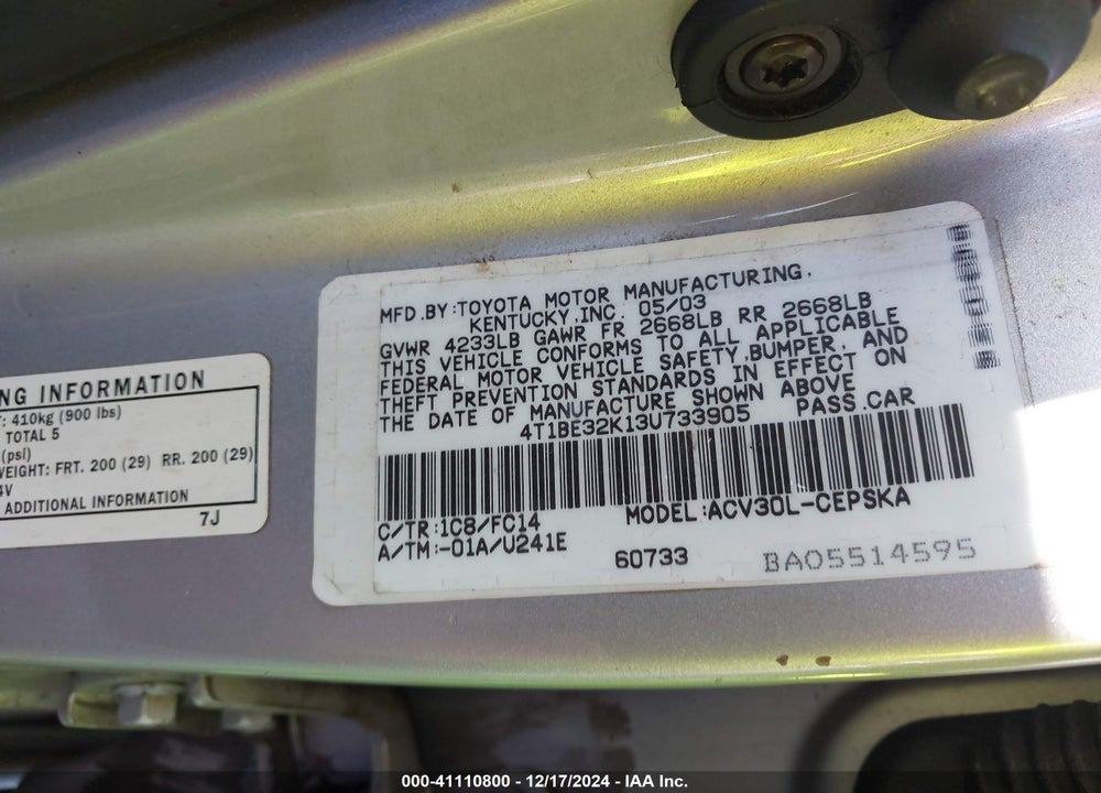 2003 TOYOTA CAMRY SE VIN: 4T1BE32K13U733905
