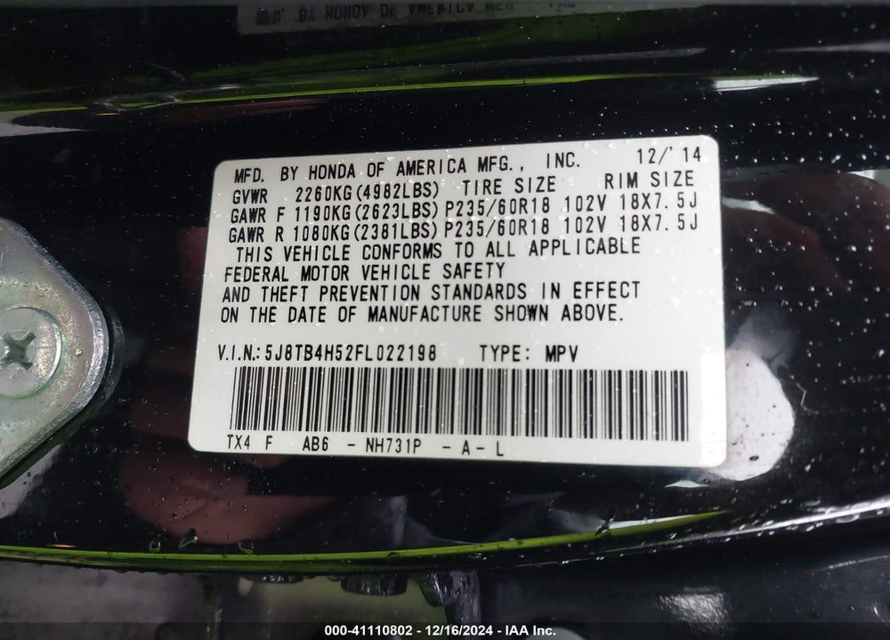 2015 ACURA RDX VIN: 5J8TB4H52FL022198