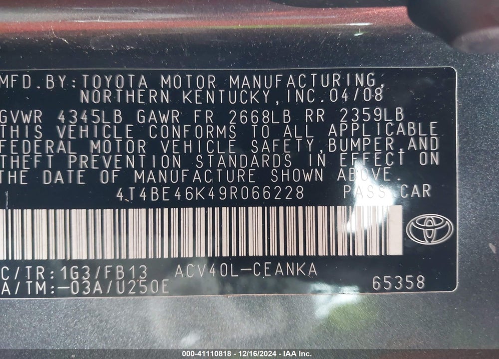 2009 TOYOTA CAMRY LE VIN: 4T4BE46K49R066228