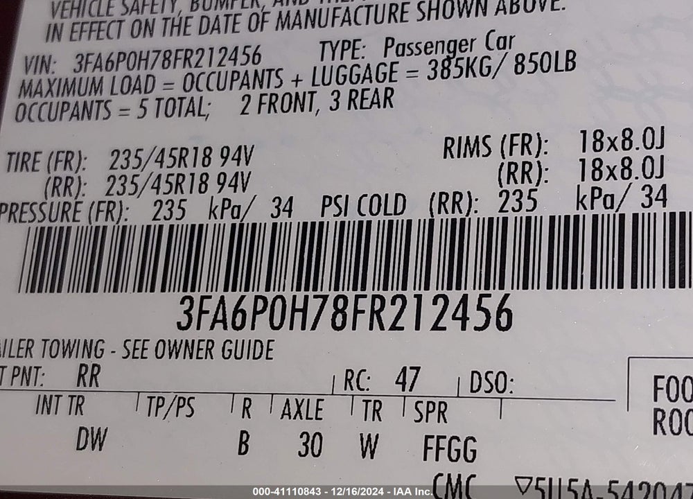 2015 FORD FUSION VIN: 3FA6P0H78FR212456