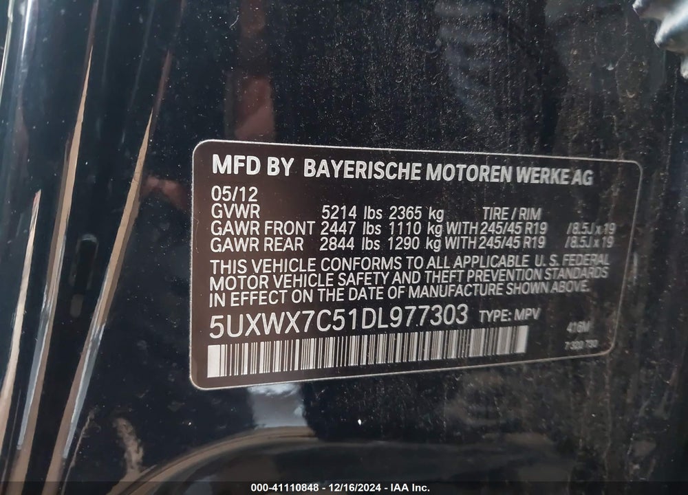 2013 BMW X3 XDRIVE35I VIN: 5UXWX7C51DL977303