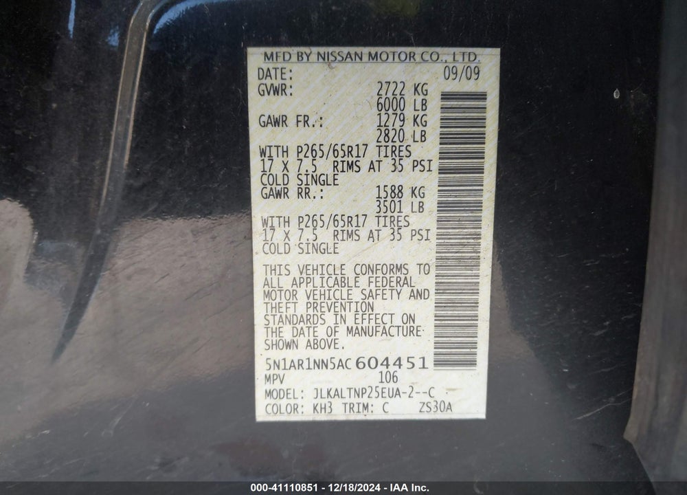 2010 NISSAN PATHFINDER SE VIN: 5N1AR1NN5AC604451