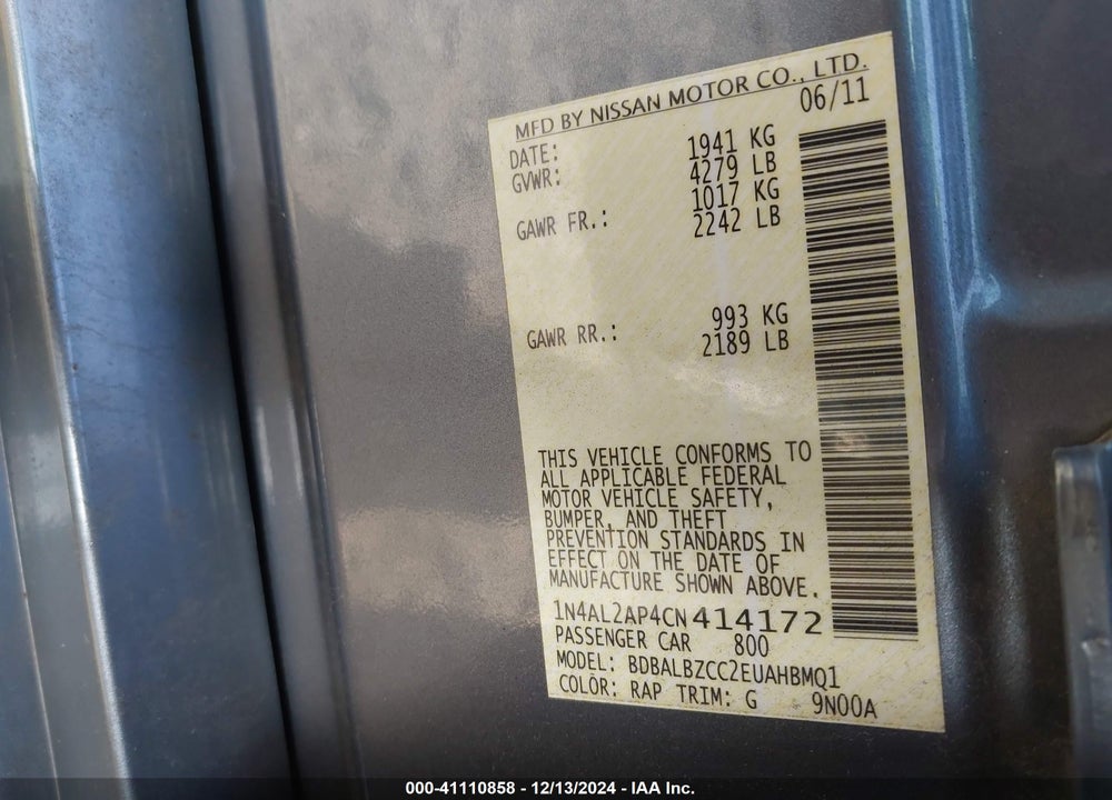 2012 NISSAN ALTIMA 2.5 SL VIN: 1N4AL2AP4CN414172