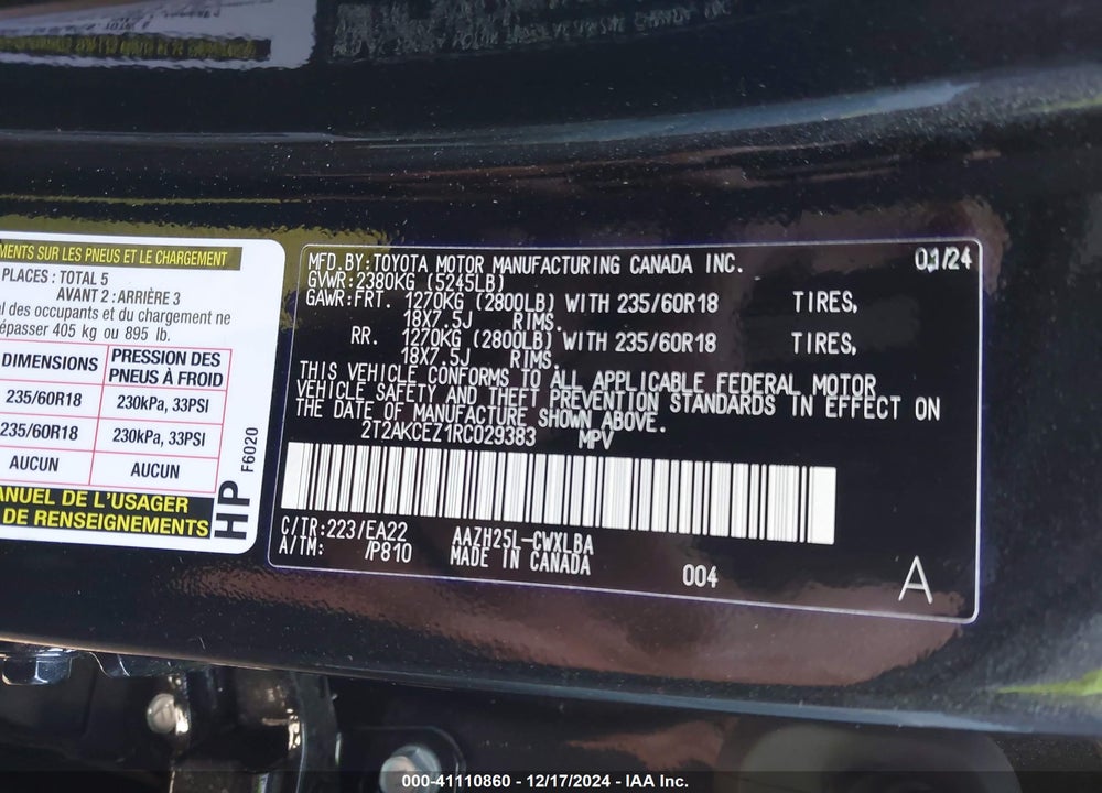 2024 LEXUS NX 350H VIN: 2T2AKCEZ1RC029383