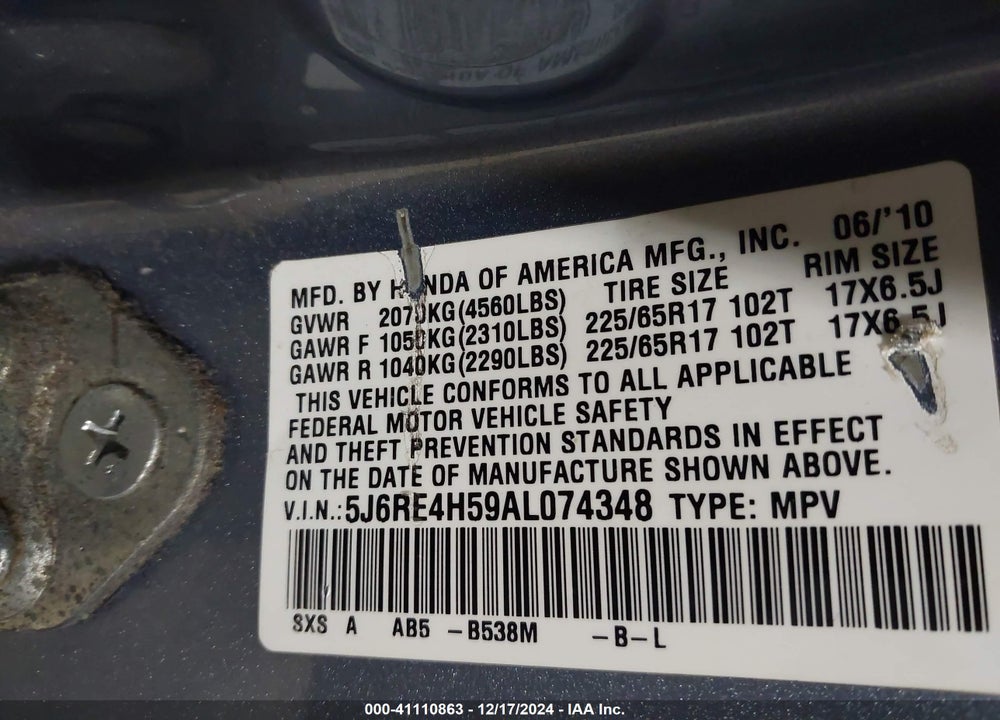 2010 HONDA CR-V EX VIN: 5J6RE4H59AL074348