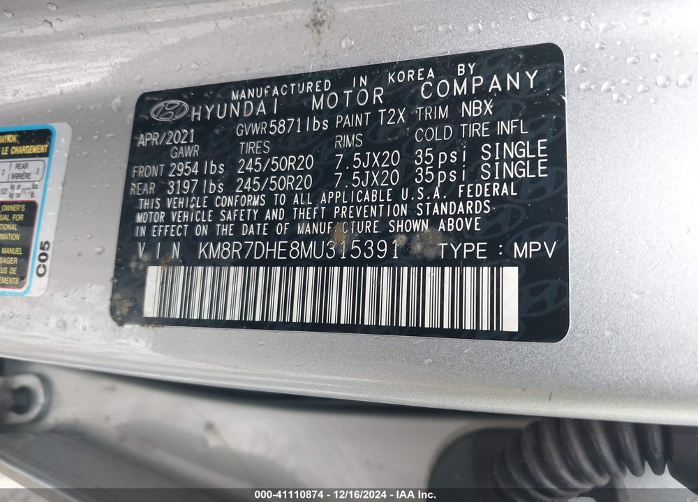 2021 HYUNDAI PALISADE CALLIGRAPHY VIN: KM8R7DHE8MU315391